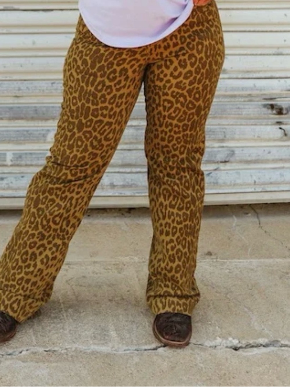 Lucky & Blessed Leopard Print Flare Jeans - Brown
